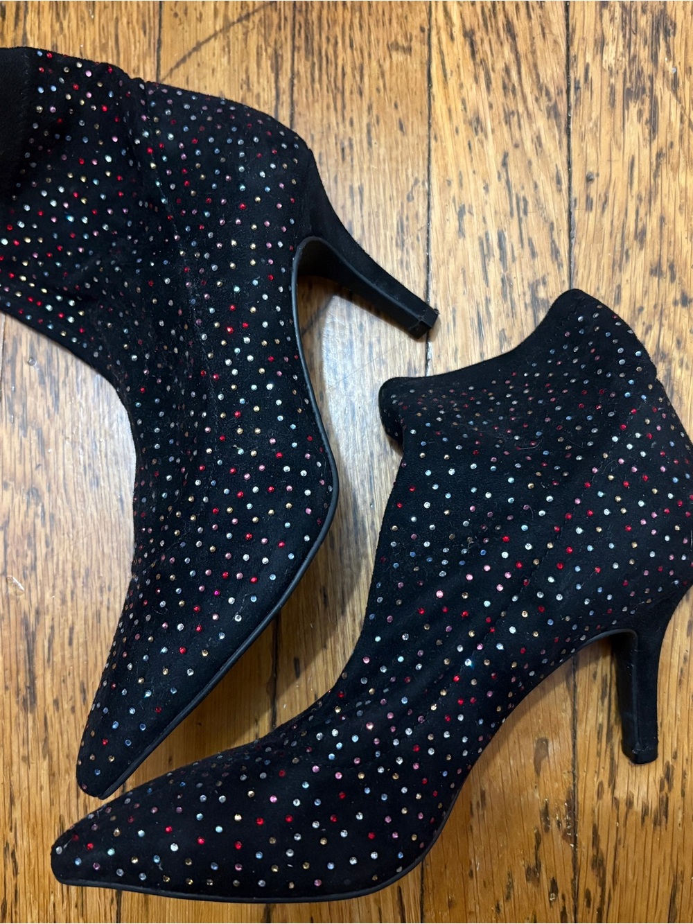 INC International Concepts Black Suede Ankle Boots with Multicolor Crystal Studs
